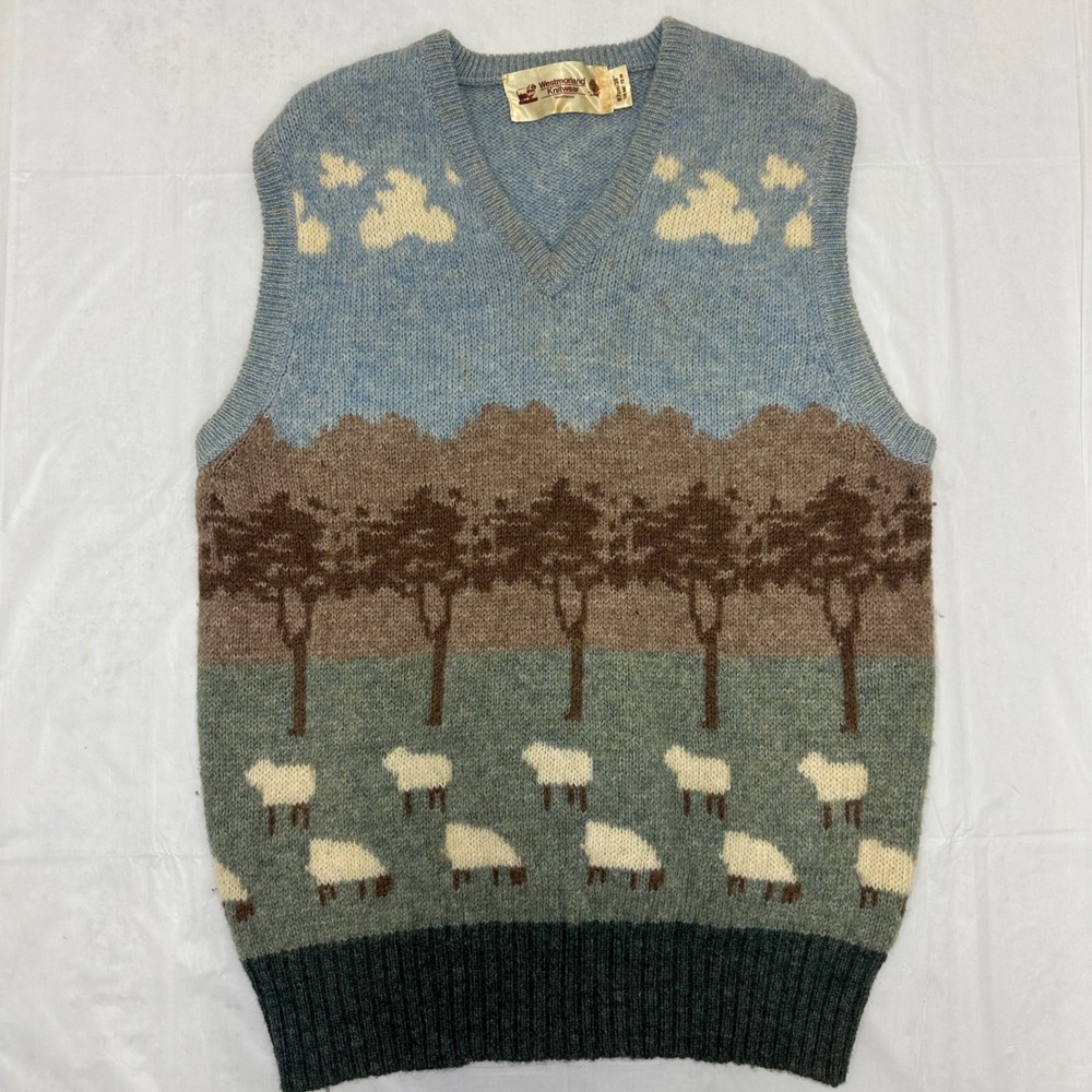 VTG 70s Westmorland Sheep Sweater Vest Small‎ Wool Cottagecore Eclectic Grandpa